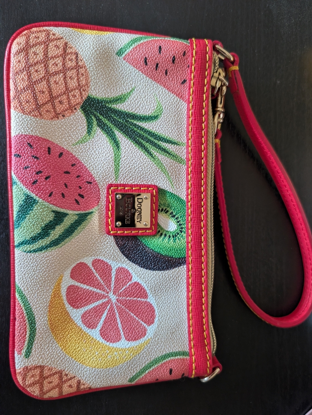 Dooney & Bourke Pink & Green Tropical Fruit Wristlet with Gold Plaque - Picture 2 of 5